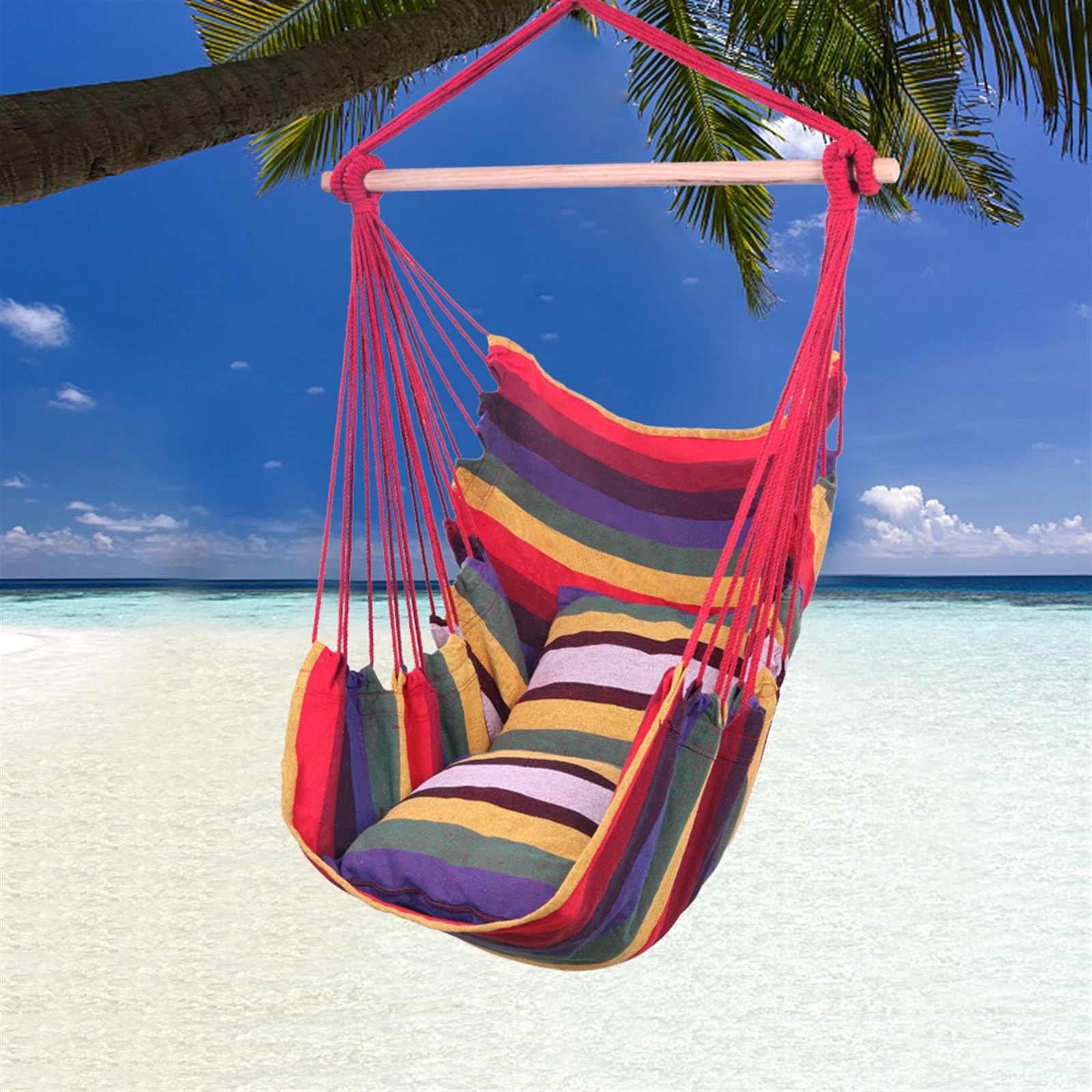 Outdoor Hammock Swing Chair with Pillow and Wooden Stick Hanging Swing Chair Portable Canvas Swing Travel Camping Lazy Chair