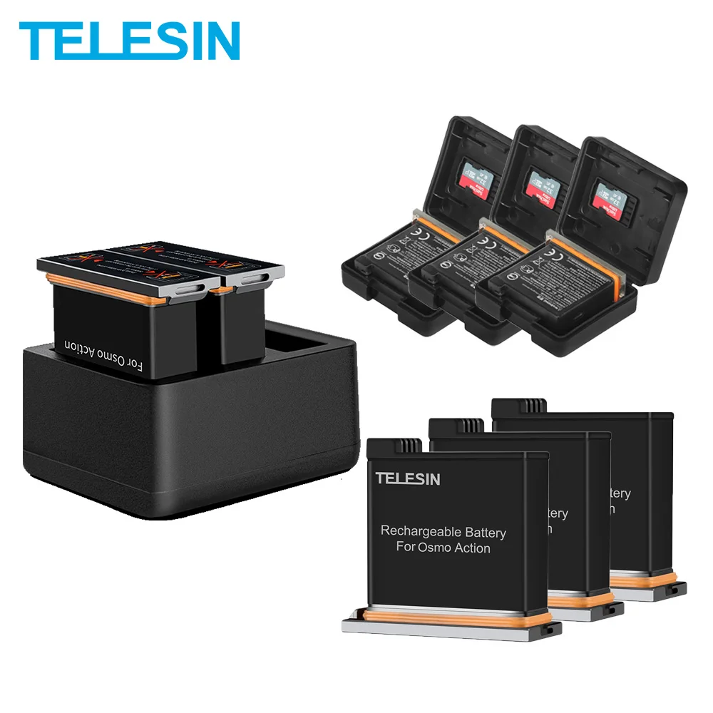 TELESIN 2x1300 mAh аккумулятор и TF карта памяти+ 3 слота быстрое зарядное устройство с кабелем type-C для DJI Osmo Action battery Charging Set