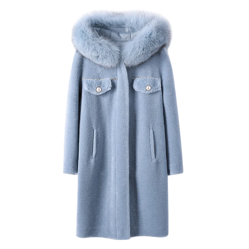 Dabuwawa винтажное пушистое шерстяное пальто с натуральным лисьим мехом и капюшоном Женская Длинная зимняя верхняя одежда Пальто Повседневное пальто DN1DFR005 - Цвет: Синий