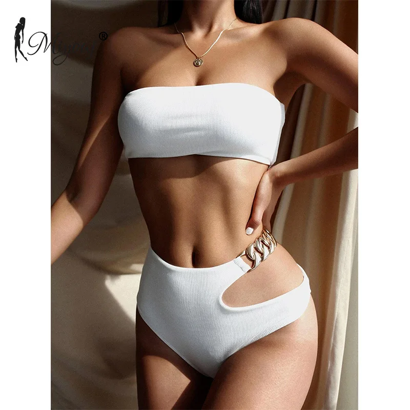 Miyouj-Bikinis con cadenas de Color liso para mujer, Bandeau traje de baño, bañador Sexy, Tanga recortado, conjunto de Bikini de cintura alta 2021