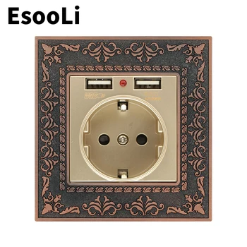 

EsooLi Red 16A EU Standard Gold Power Socket 4D Embossing Retro Zinc Alloy Panel Wall Power Socket AC 110~250V