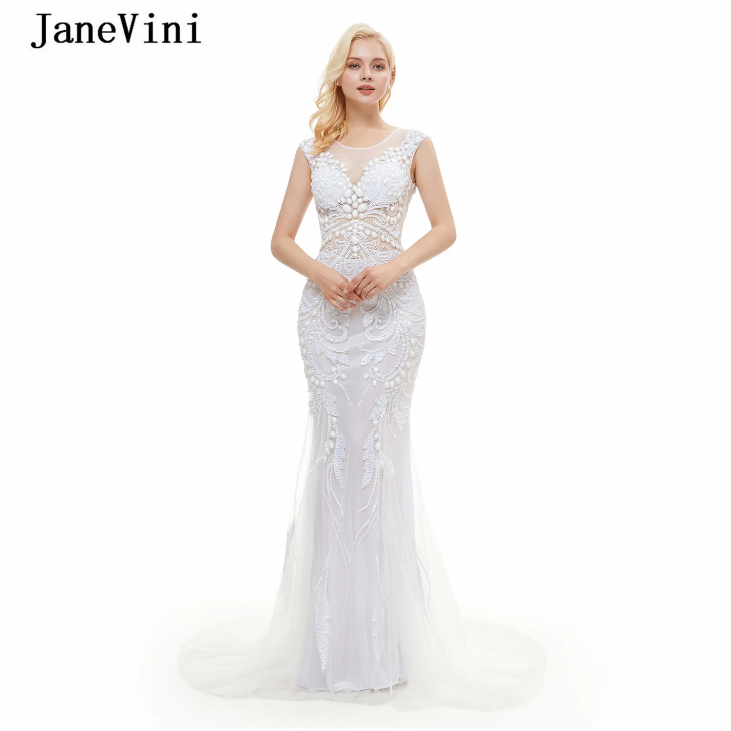 ^*Best Offers Janevini Luxe Ontwerp Witte Hals Lange Prom Jurken 2020 Lovertjes Crystal Mouwloze Een Lijn Tulle Arabisch Formele Prom Jassen