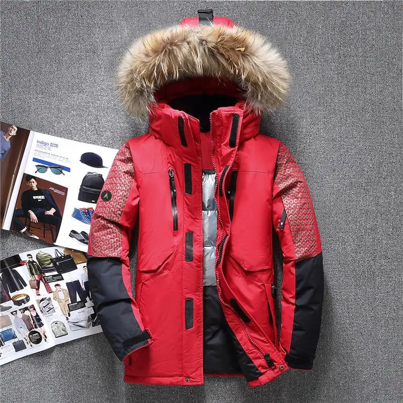 High Quality New Winter Down Jacket Men Real Fur Hooded Duck Down Jacket Long Thick Warm Casual Parka Outerwer 1798 - Цвет: Red