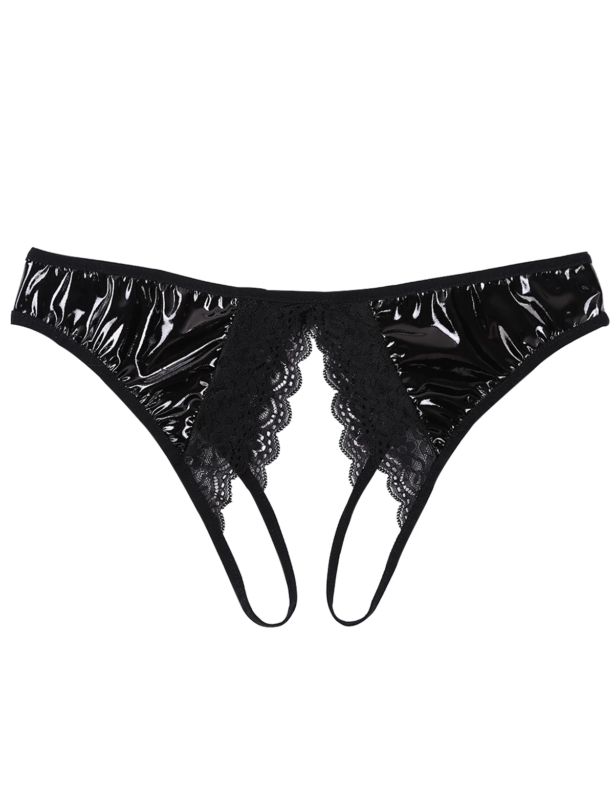 Women Lingerie Femme Wet Look Leather Crotchless Jockstrap Lace Edge Cheeky Hipster Briefs Underwear Open Crotch Sexy Panties