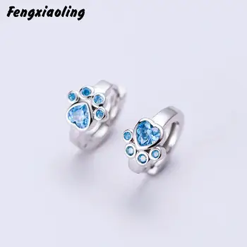 

Fengxiaoling New Arrivals 100% 925 Sterling Silver Zircon Cat Paw Hoop Earrings For Women Cute Feet Silver Earrings Jewelry