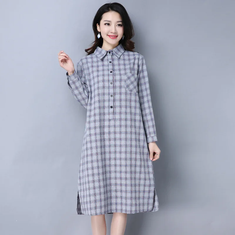 

2020 Spring Clothing New Style Retro Large Size Dress Long Sleeve Plaid Cotton Linen Mid-length Loose-Fit Slimming Fold-down Col
