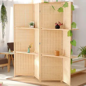 

Bamboo 4 Panel Folding Room Divider Screen w/ Removable Storage Shelves Hinged Privacy Screen Portable Folding Room Divider