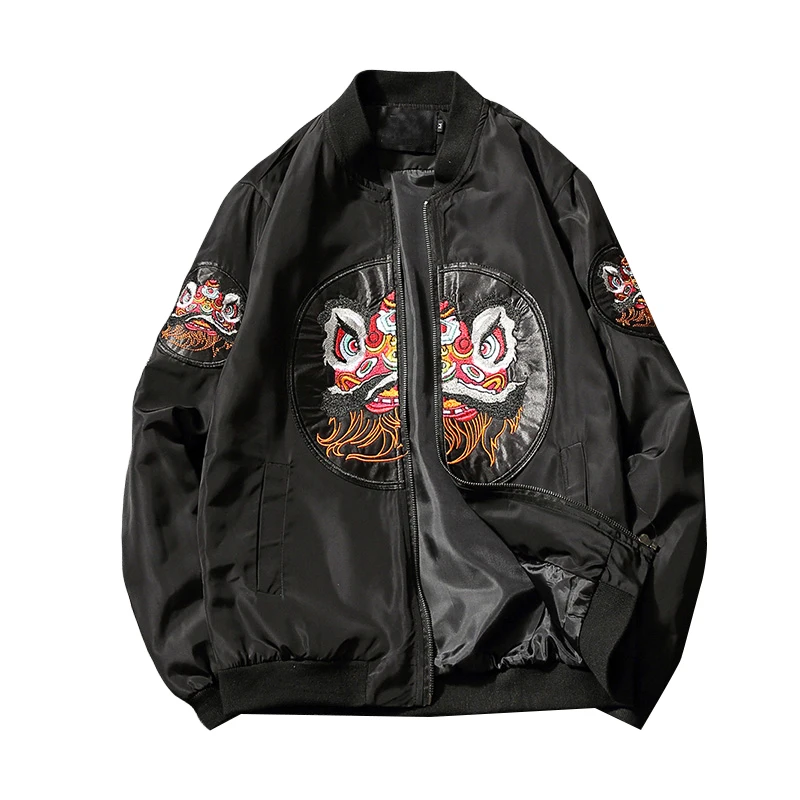 

YOUTHUP 2020 New Chinese Lion Dancing Style Men's Baseball Collar Embroidered Casual Jackets Spring and Autumn M-5XL Two Colors