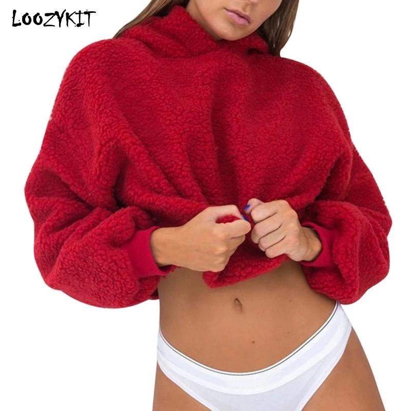 LOOZYKIT Autumn Warm Fleece Fur Cropped Hoodies Sweatshirt Long Sleeve Hooded Pullover Fluffy Crop Tops Coat Harajuku 2019 New | Спорт и