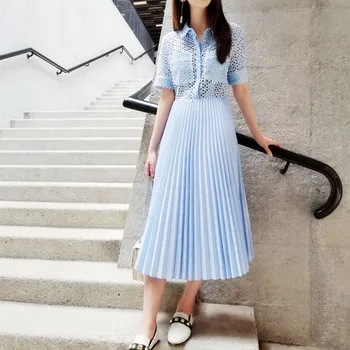 

2020 New Summer Women turn-down Collor Dress Hollow Out Pleated Patchwork Midi Dressese short sleeve Casual Clothes Blue