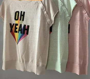 

Colorful Letters print Women Knitted T shirt shoulder Buttons lady short sleeve Line tee Female thin knitwear t-shirts top 2020
