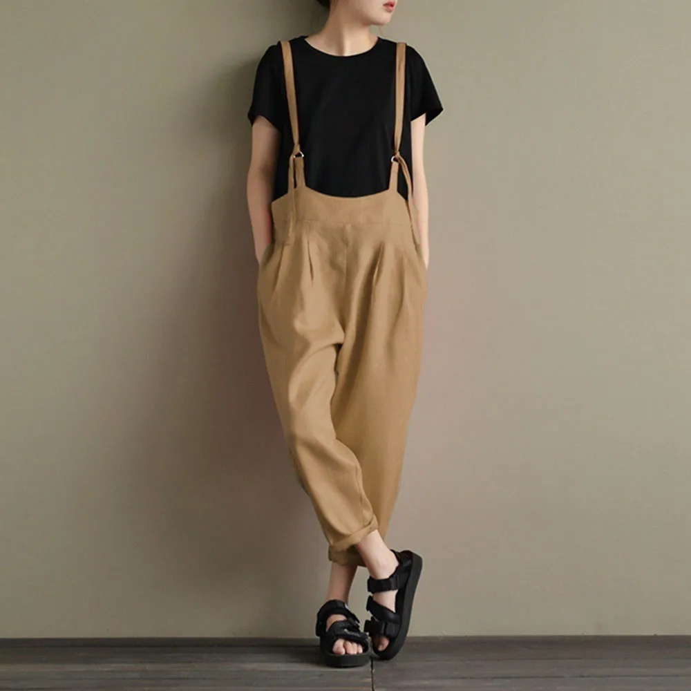 

Linen Wide Legs Jumpsuit Women Summer Elegant Office Ladies Causal Loose Long Rompers Retro Playsuits Ladies Khaiki Streetwear