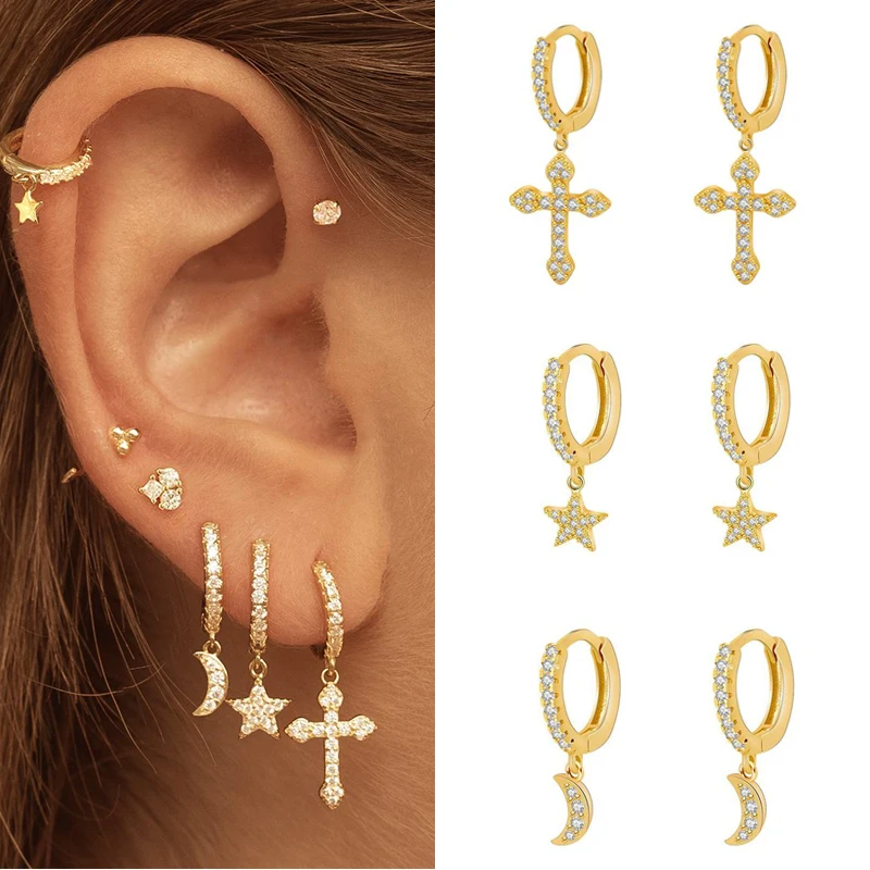 Silver Earrings Gold Color Cross Moon Star CZ Zircon Small Circle Huggie Hoop Earrings For Women Fine Jewelry hoop earrings cross earrings golden earrings ear loops jewelry