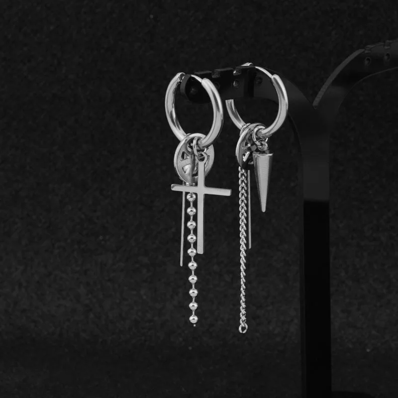 H26e7fd6a03b54204acc0fd3f74f88779d 1 PC Boy Korean Punk Stainless Steel Cross Hoop Earring For Men Long Chain Tassel Leaf Moon Rock Hip Hop Piercing Stud Jewelry Mallzona