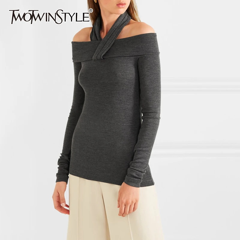 

TWOTWINSTYLE Solid Elegant Women's Sweater Slash Neck Off Shoulder Slim Sweaters Female Fashion Clothing 2019 Autumn New