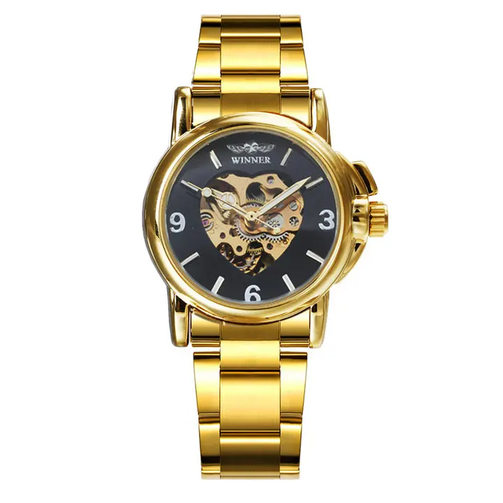 WINNER люксовый бренд женские золотые часы автоматические механические из нержавеющей стали ремешок сердце Скелет циферблат элегантный стиль женские часы - Цвет: GOLDEN BLACK