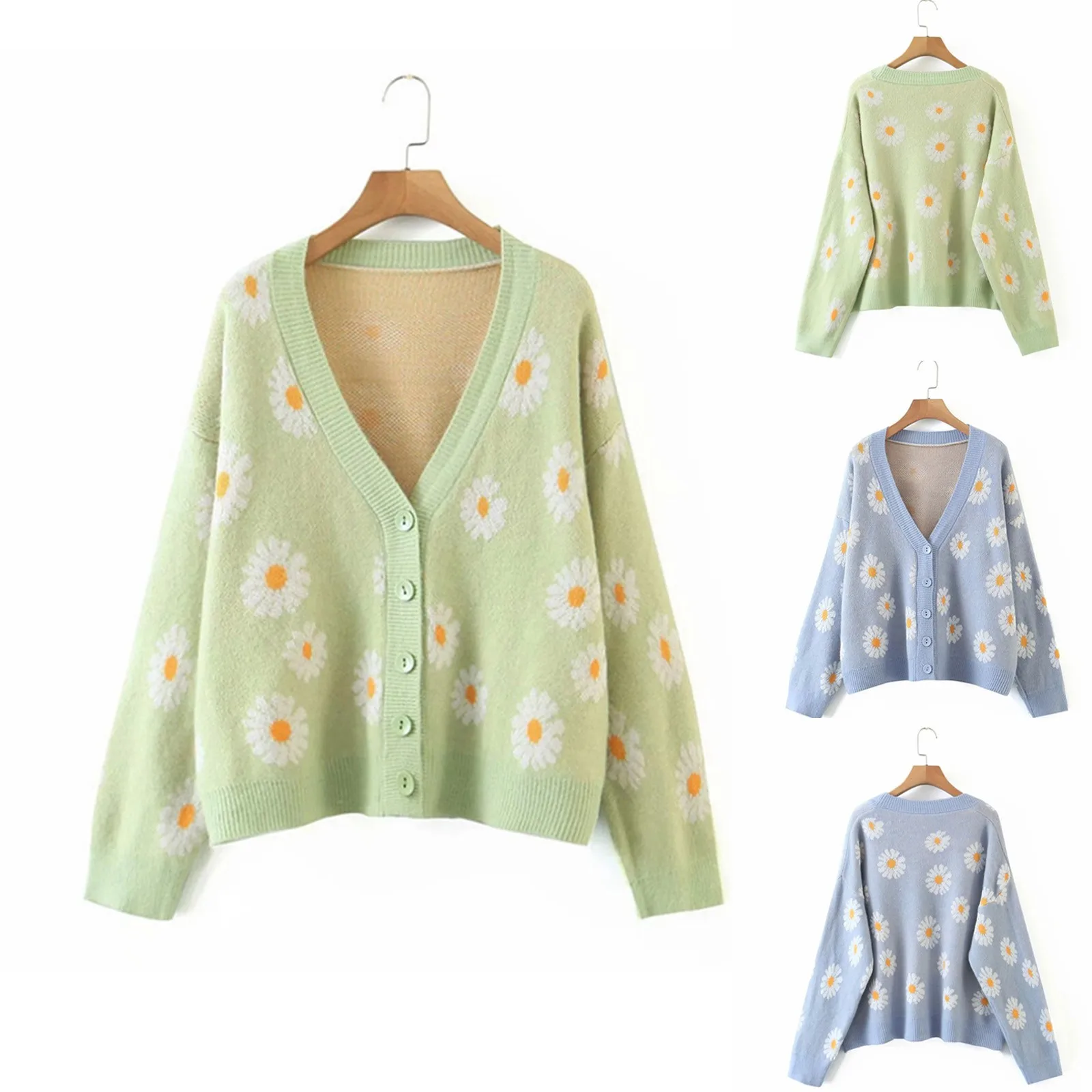2021 New Women's Knitted Sweet Floral Sweater Cardigan V-neck Long Sleeve Casual Sweater Button High Quality Comfy Warm Blouse 1