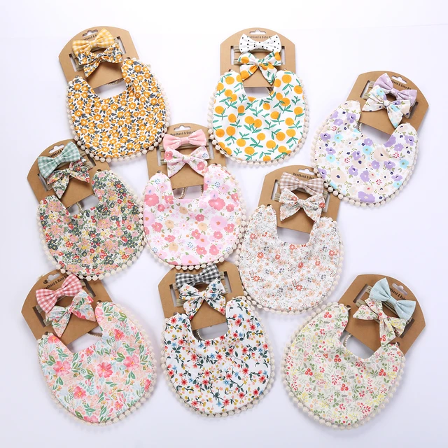 3Pcs Baby Headband Tassel Saliva Towel Floral Print Newborn Double Side Bibs Boys Girls Bandana Burp Cloths Feeding Smock Stuff 6