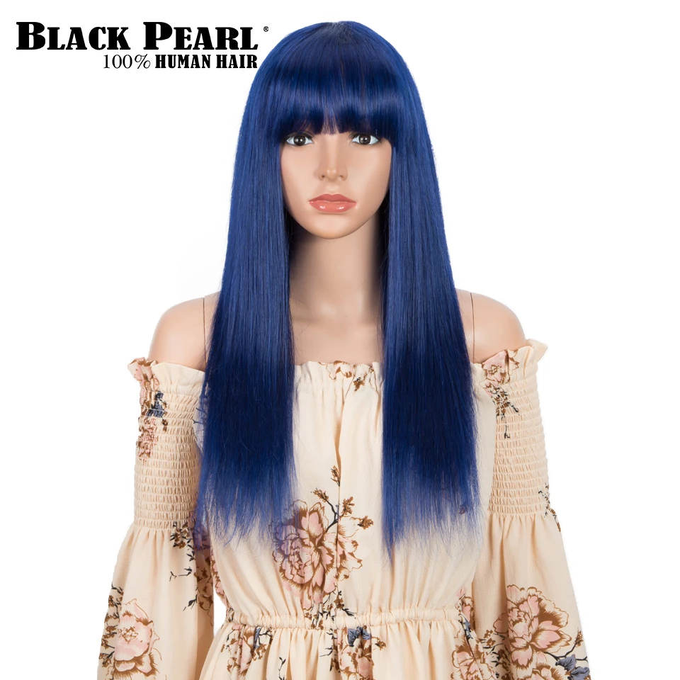 Tanie Proste włosy ludzkie peruki z grzywką pełne peruki wykonane maszynowo kolorowe niebieskie sklep