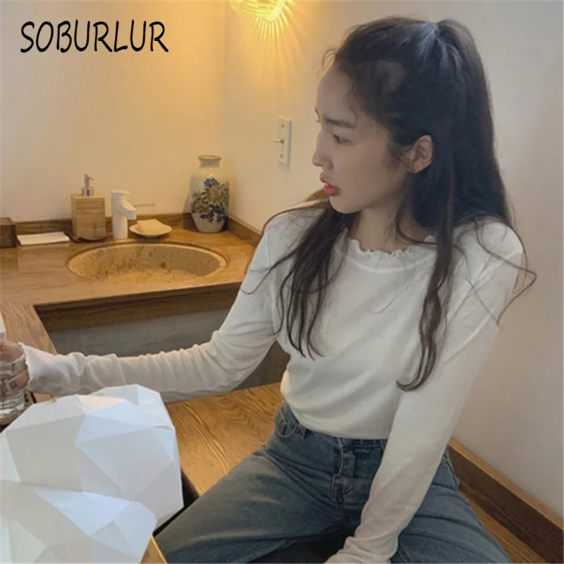 

SOBURLUR 2021 New Basic Long Sleeve Tunics All-match Women's T-Shirts Crop Tops For Girls White T Shirt Female Clothes Fashion