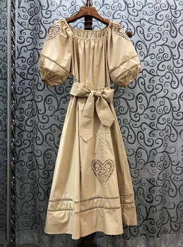 

2020 Spring and Summer New Women's Crew Neck Water Soluble Embroidery Lace Waist Bubble Sleeve Length Dress 422