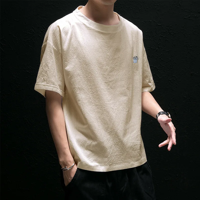 

Mens Designer T-Shirts Youth Loose Imitation Linen Short-sleeved T-shirt Japanese Round Neck Embroidery Half-sleeved T-shirt New