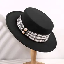 New Korean Version Fashionable Youth Woolen Flat Top Hat Versatile Outdoor Warm Banquet British Pearl Formal Cap Women