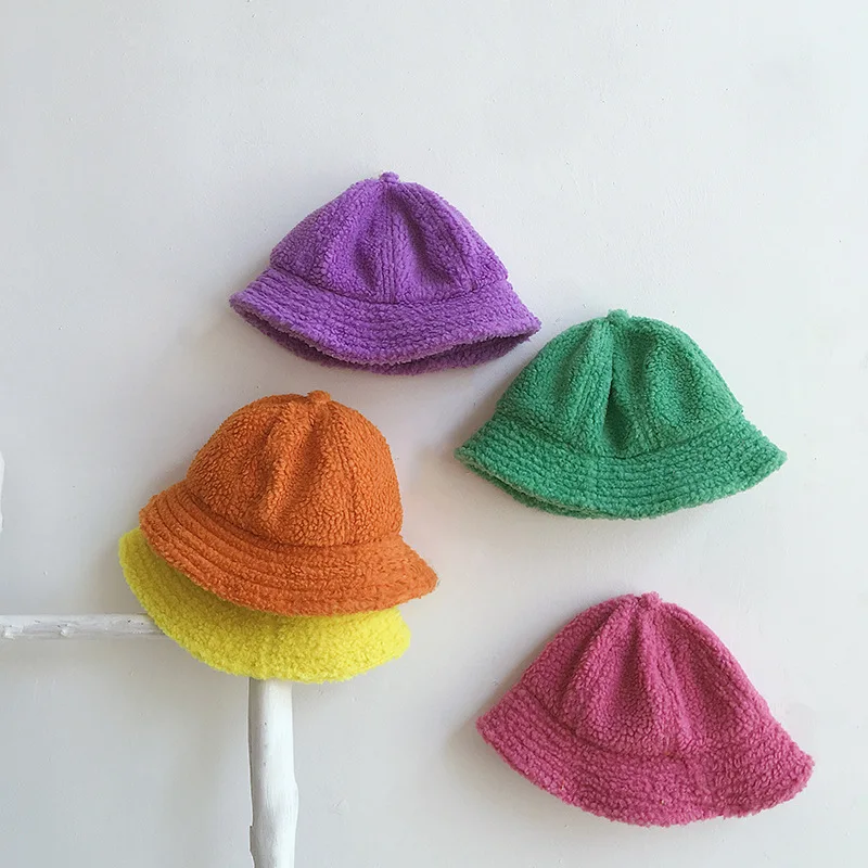 

Autumn Winter Thickened Lambwool Baby Hats Kids Boys Girls Caps Warm Bucket Caps 5 Colors