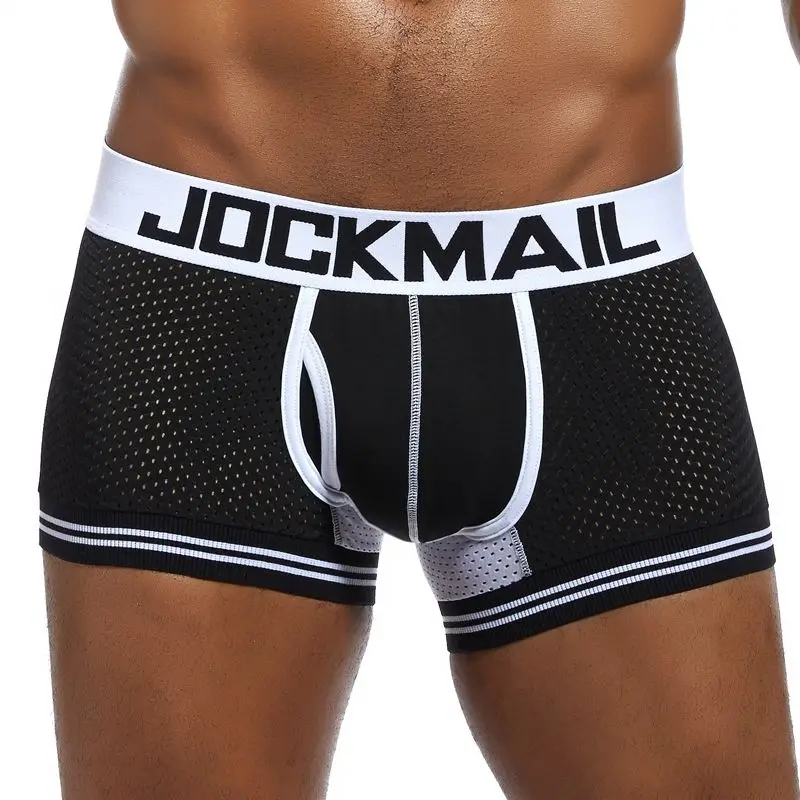 JOCKMAIL, фирменное мужское Сетчатое нижнее белье, боксеры, calzoncillos hombre, гей, одежда для сна, Cueca, боксеры, дышащие, промежность, хлопковые трусы, шорты - Цвет: JM412-Black