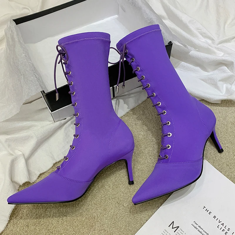 Г., женские эластичные ботинки для подиума на осень и зиму модные шнурки на высоком каблуке, ботинки Элегантные ботильоны на тонком каблуке
