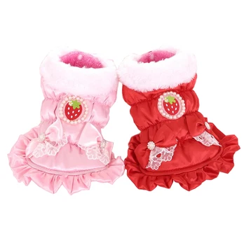 

Winter Dog Down Jacket Three-layer Quilted Strawberry Pet Dresses Costume Ruffle Bottom Fleece inside Warm XS S M L XL