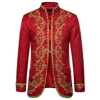 

Men Red Blazer Gold Embroidery Baroque Mens Blazer Luxury Dress Blazers Men Performance Stage Palace Costume Men Blazer Hombre
