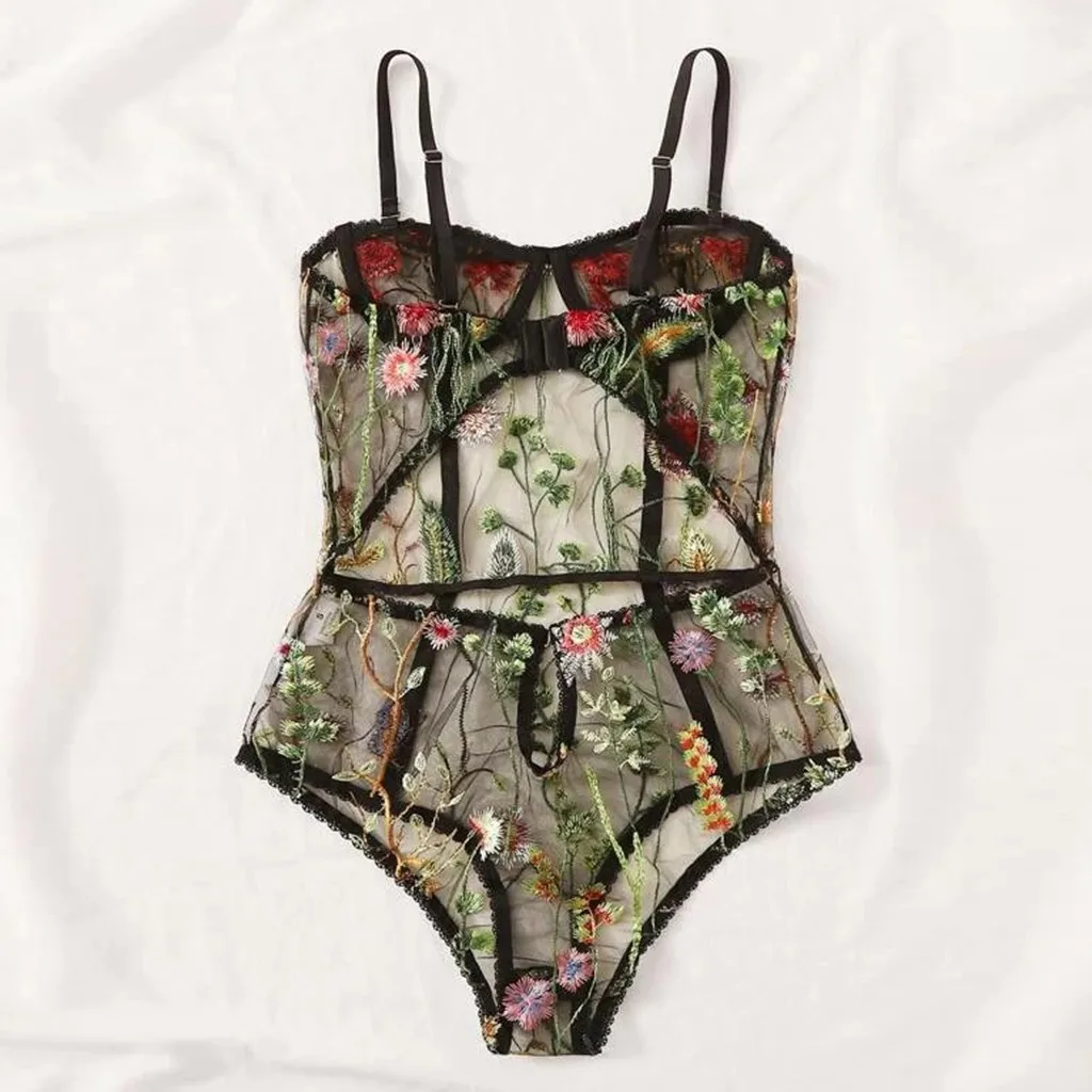 Women Lingerie Women Bodysuit Sleep Wear Set Sexy Bra Siamese Printing Lace Bow Floral Embroidered Backless Pajamas Jumpsuit