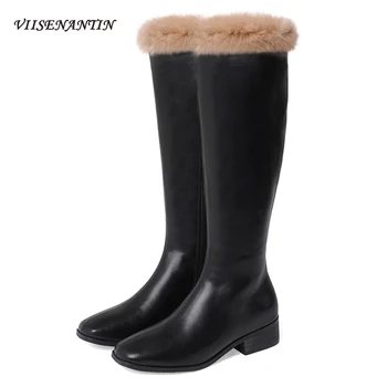 

New Autumn/winter Rabbit Fur Korean Velvet Square Toe Mid Thick Heel Mid-calf Knight Boots Women Round Toe Real Leather Shoes