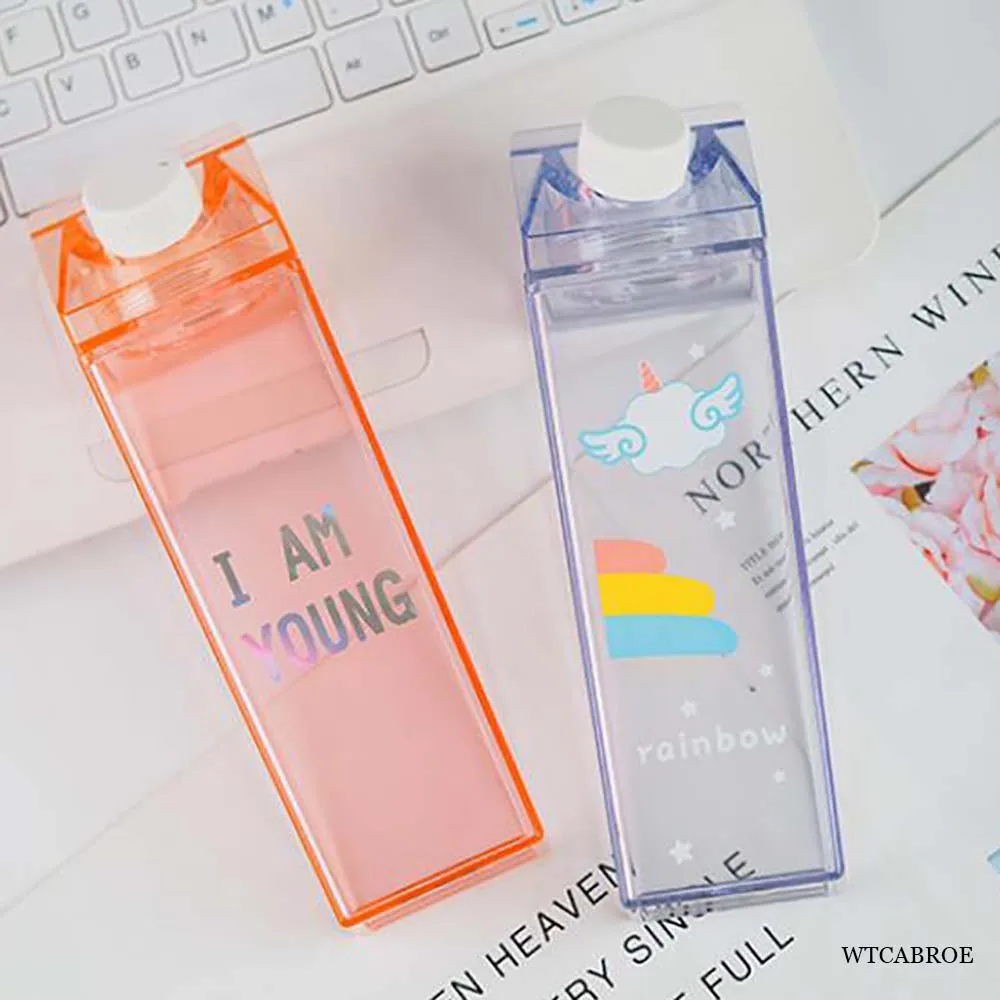 Water Bottle Sports Water bottle Plastic Clear Milk Carton Cute My Water Bottle Girls Reusable Juice Transparent Leakproof Cup Drinking