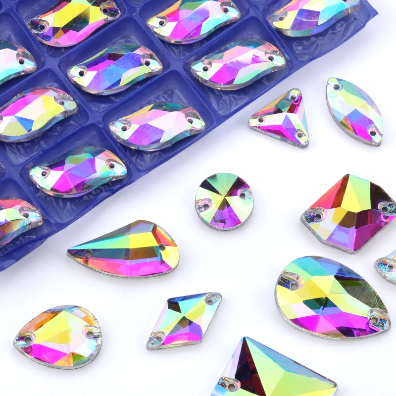 100pcs Sew on Glass Rhinestones Crystal AB Flatback Beads DIY Craft 9x17mm 