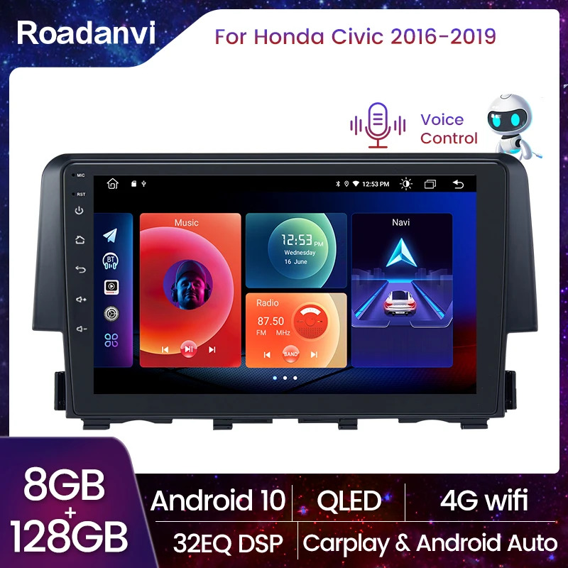 Roadanvi для Honda Civic 2015 2016 2017 автомобильное радио видео 8 ГБ 128 4 Гб ОЗУ 64 ПЗУ Apple Carplay Android
