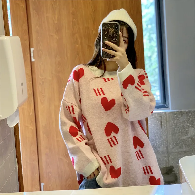 Harajuku Модный пуловер с длинными рукавами, свитер, Милый вязаный женский свитер, повседневный свободный толстый теплый женский свитер