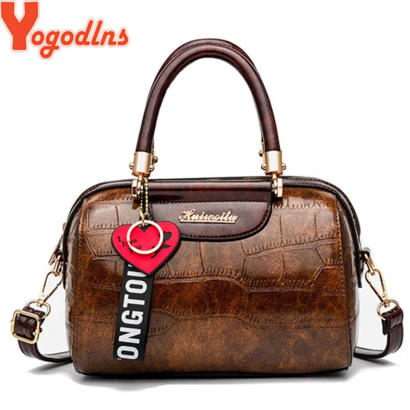 

Yogodlns Retro Women Handbags top-handle Bag hanging heart ornament Ladies Shoulder Crossbody Bags High Quality PU Leather Tote