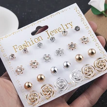 Элегантный 12 пар/компл. Для женщин с жемчугом и с украшениями в виде кристаллов и цветов микс дизайнерские гвоздики серьги для девочек элегантное Золотое сердце подарочный набор украшений для ушей Aretes де