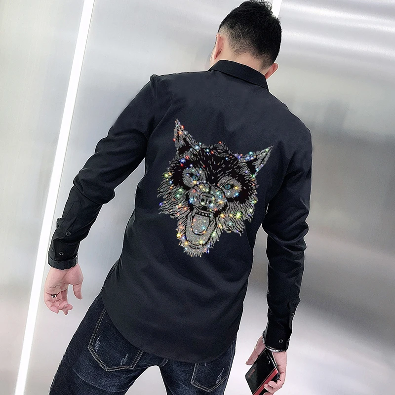 New Arrival Men's T-Shirt Button Lapel Design Autumn Cotton Long Sleeve Original Rhinestone Hot Diamond Business Formal