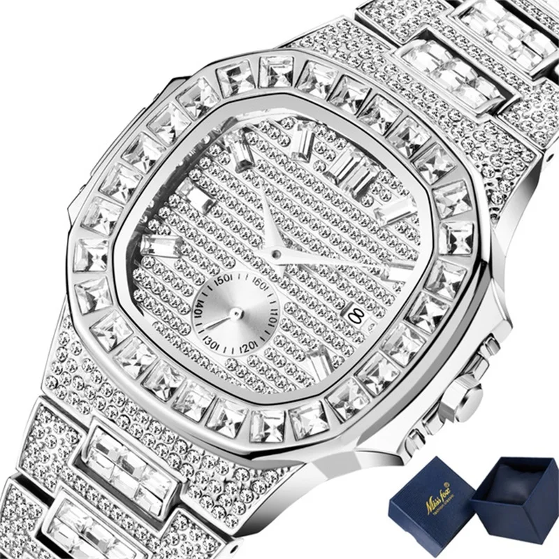 

Iced Out Men's Full Diamond Luxury Silver Steel Watch Waterproof Hip Hop Trend Men's Quartz Watch 18k Fashion Clock Relogio