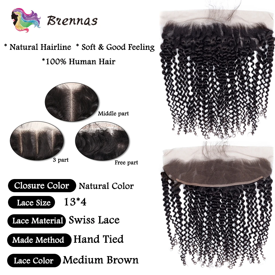 Кудрявые кудрявые человеческие волосы, пряди, с фронтальной частью, Brennas, волосы для наращивания, 3 пряди, 13*4, фронтальные волосы Remy, средний коэффициент для женщин