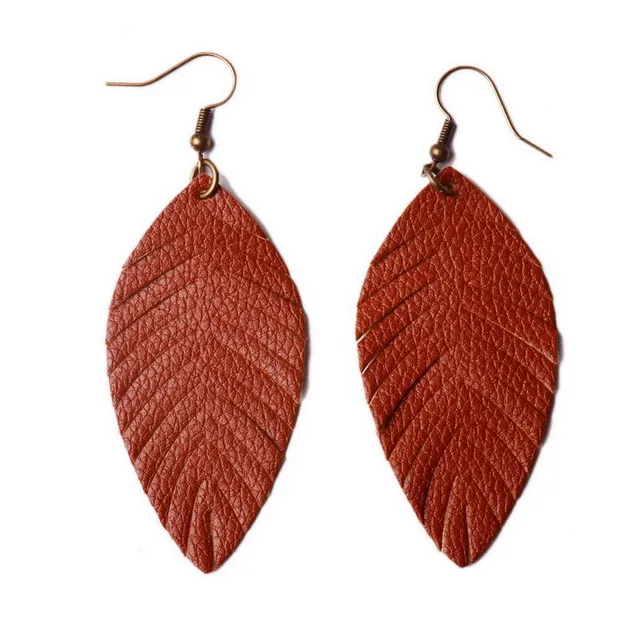 Large camel tan leather leaf earrings – Patricia Violante Designs