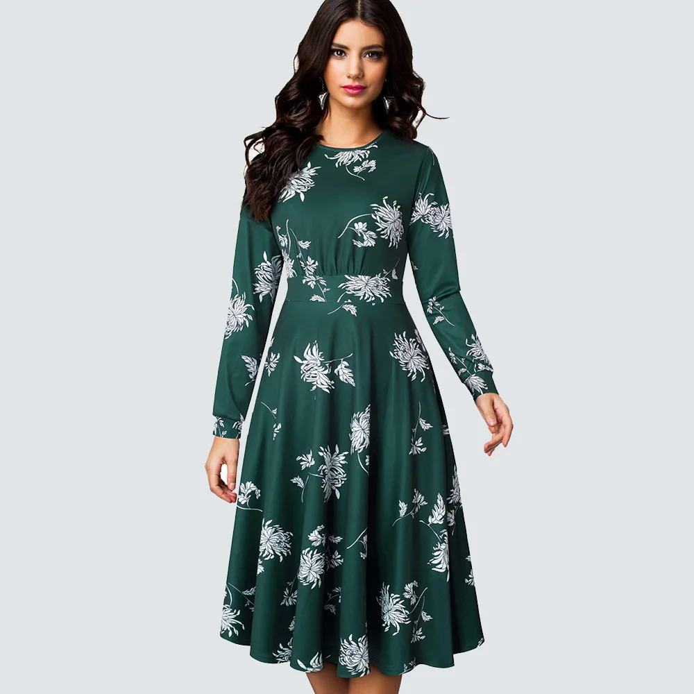 Green Long sleeve Винтажное женское платье трапециевидной формы с цветочным принтом, элегантные летние вечерние плиссированные платья HA102 - Цвет: Green Long sleeve
