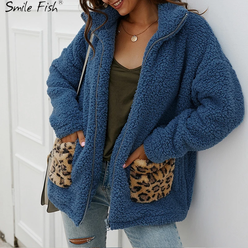 Леопардовые карманы отложной воротник плюшевая молния уютная осенне зимняя
