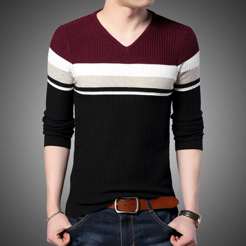 Модный брендовый свитер для мужчин s, пуловеры, Облегающие джемперы, вязаные, в полоску, Осенние, v-образный вырез, корейский стиль, повседневная мужская одежда