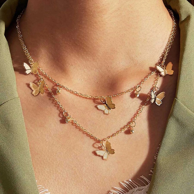 Lovely Butterfly Pendant Choker Necklace For Women Natural Stone Pearl Rhinestone Gold Silver Color Clavicle Chain Gift