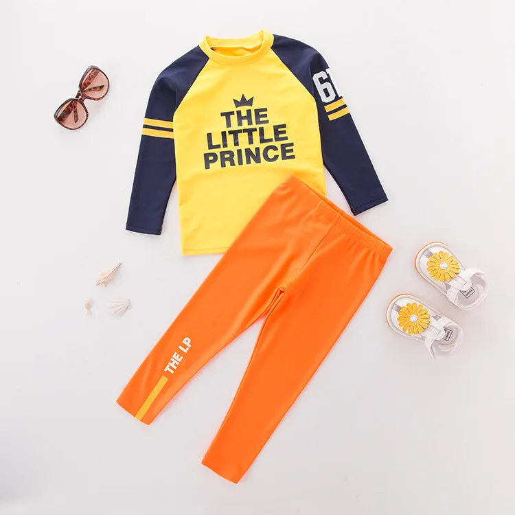 

Children Two-piece Swimsuits Long Sleeve Yellow Crown Orange Pants-KID'S Swimwear Hot Springs Clothing