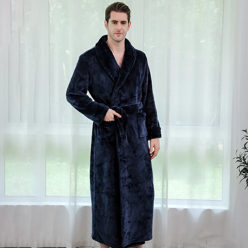 men navy Фланелевый Халат для влюбленных размера плюс, удлиненный теплый Халат с капюшоном для мужчин и женщин, плотное зимнее кимоно, банный халат, мужской халат, халаты - Цвет: men navy